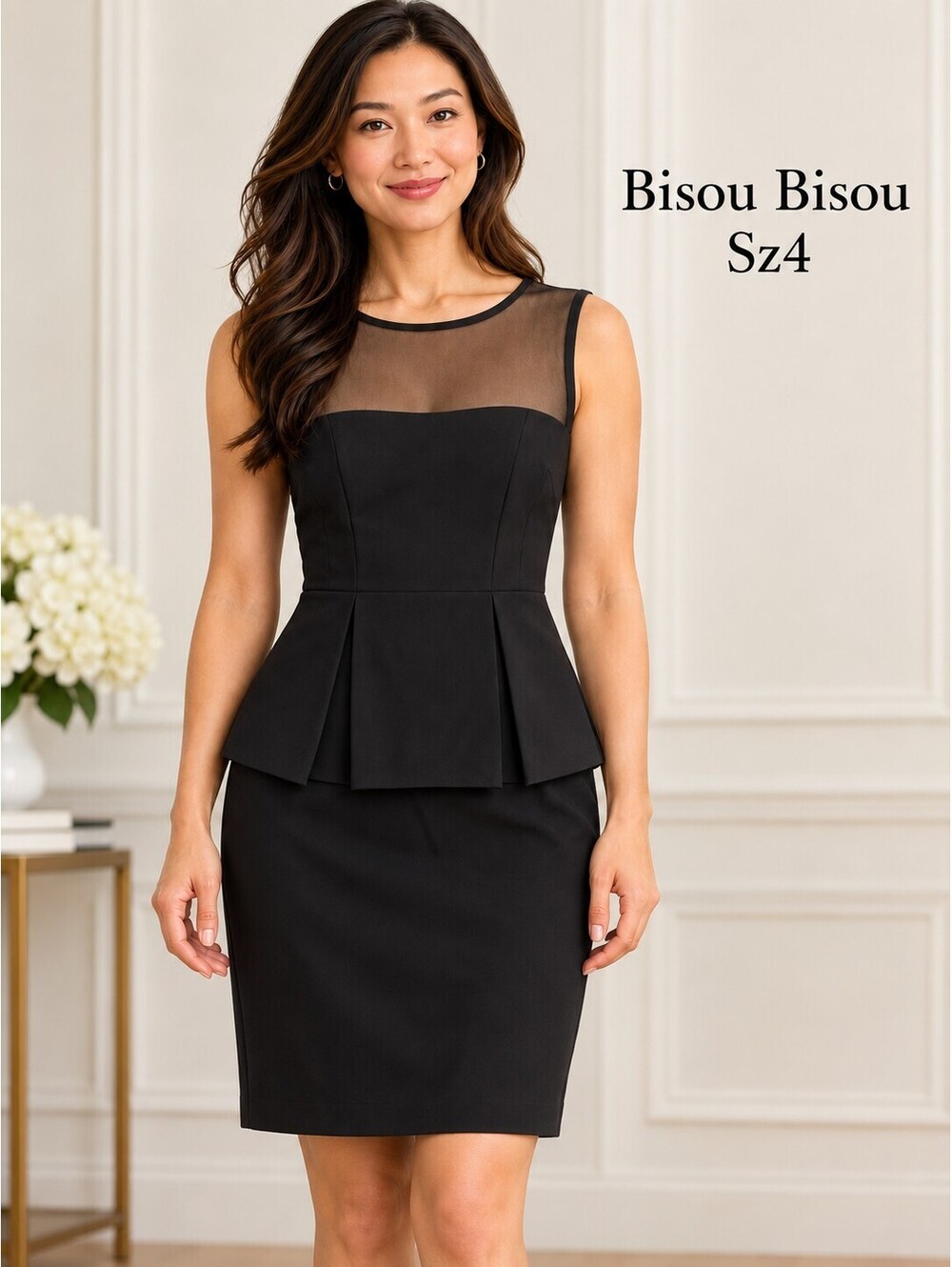 Bisou Bisou | 4 | Black Peplum Mesh Illusion Sweetheart Dress